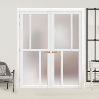 Image: Eco-Urban Hampton 4 Pane Solid Wood Internal Door Pair UK Made DD6413SG Frosted Glass - Eco-Urban® Cloud White Premium Primed