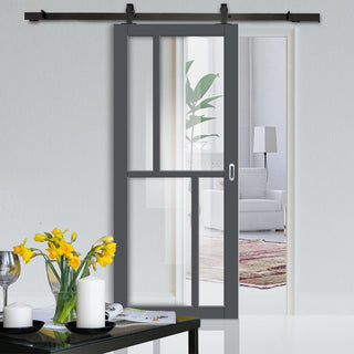 Image: Top Mounted Black Sliding Track & Solid Wood Door - Eco-Urban® Hampton 4 Pane Solid Wood Door DD6413G Clear Glass - Stormy Grey Premium Primed