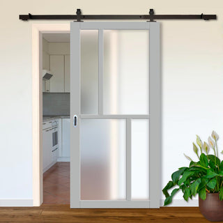 Image: Top Mounted Black Sliding Track & Solid Wood Door - Eco-Urban® Hampton 4 Pane Solid Wood Door DD6413SG Frosted Glass - Mist Grey Premium Primed