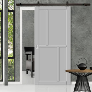 Image: Top Mounted Black Sliding Track & Solid Wood Door - Eco-Urban® Hampton 4 Panel Solid Wood Door DD6413 - Mist Grey Premium Primed