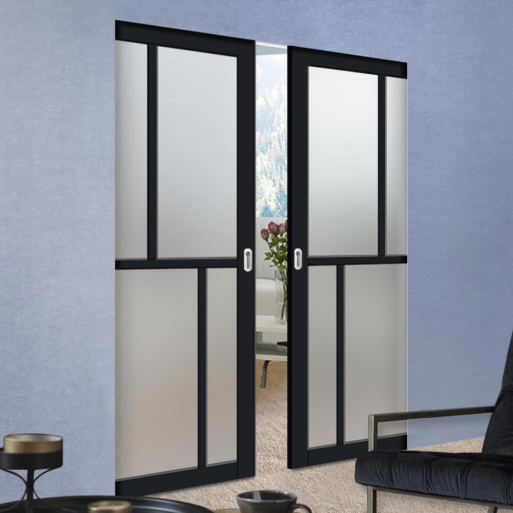 Handmade Eco-Urban® Hampton 4 Pane Double Absolute Evokit Pocket Door DD6413SG Frosted Glass - Colour & Size Options