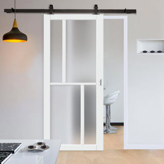 Image: Top Mounted Black Sliding Track & Solid Wood Door - Eco-Urban® Hampton 4 Pane Solid Wood Door DD6413SG Frosted Glass - Cloud White Premium Primed
