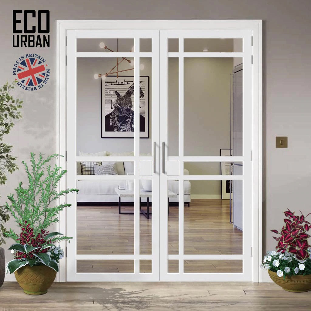 Leith 9 Pane Solid Wood Internal Door Pair UK Made DD6316G - Clear Glass - Eco-Urban® Cloud White Premium Primed