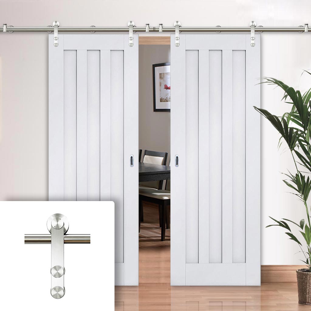 Saturn Tubular Stainless Steel Sliding Track & Idaho 3 Panel Double Door - Primed