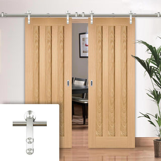 Image: Saturn Tubular Stainless Steel Sliding Track & Idaho 3 Panel Oak Double Door - Prefinished