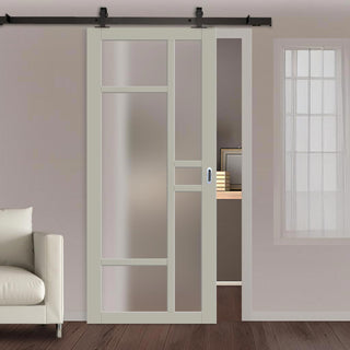 Image: Top Mounted Black Sliding Track & Solid Wood Door - Eco-Urban® Isla 6 Pane Solid Wood Door DD6429SG Frosted Glass - Mist Grey Premium Primed