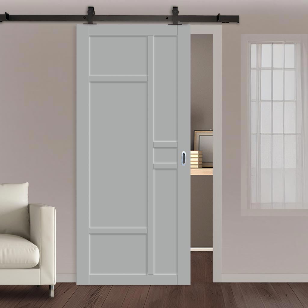 Top Mounted Black Sliding Track & Solid Wood Door - Eco-Urban® Isla 6 Panel Solid Wood Door DD6429 - Mist Grey Premium Primed