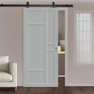 Image: Top Mounted Black Sliding Track & Solid Wood Door - Eco-Urban® Isla 6 Panel Solid Wood Door DD6429 - Mist Grey Premium Primed