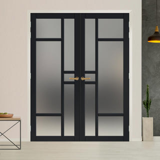 Image: Eco-Urban Isla 6 Pane Solid Wood Internal Door Pair UK Made DD6429SG Frosted Glass - Eco-Urban® Shadow Black Premium Primed