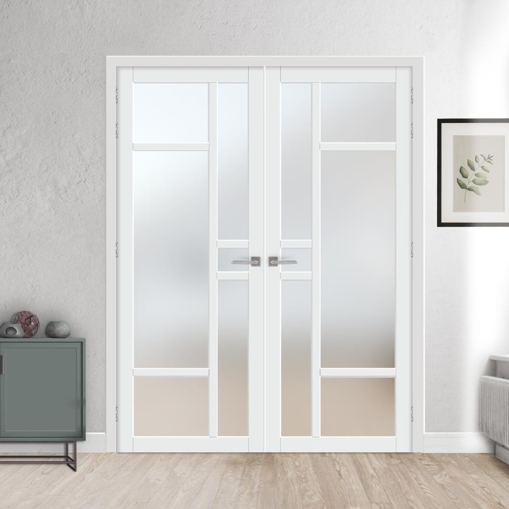 Eco-Urban Isla 6 Pane Solid Wood Internal Door Pair UK Made DD6429SG Frosted Glass - Eco-Urban® Cloud White Premium Primed