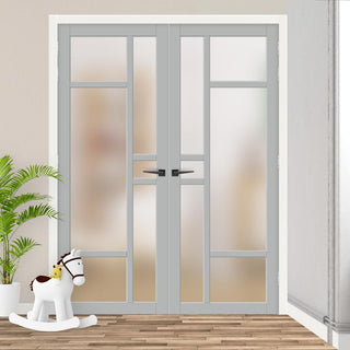 Image: Eco-Urban Isla 6 Pane Solid Wood Internal Door Pair UK Made DD6429SG Frosted Glass - Eco-Urban® Mist Grey Premium Primed