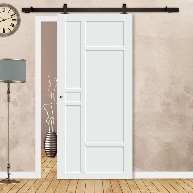Top Mounted Black Sliding Track & Solid Wood Door - Eco-Urban® Isla 6 Panel Solid Wood Door DD6429 - Cloud White Premium Primed
