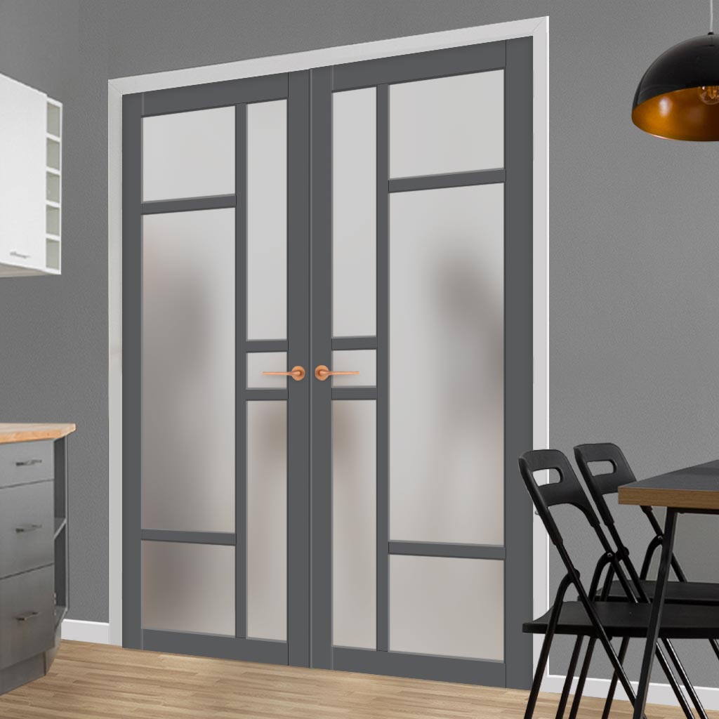 Eco-Urban Isla 6 Pane Solid Wood Internal Door Pair UK Made DD6429SG Frosted Glass - Eco-Urban® Stormy Grey Premium Primed