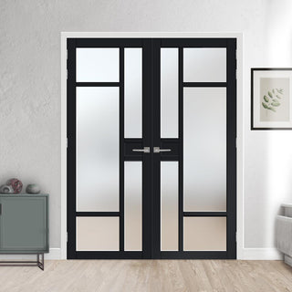 Image: Eco-Urban Jura 5 Pane 1 Panel Solid Wood Internal Door Pair UK Made DD6431SG Frosted Glass - Eco-Urban® Shadow Black Premium Primed