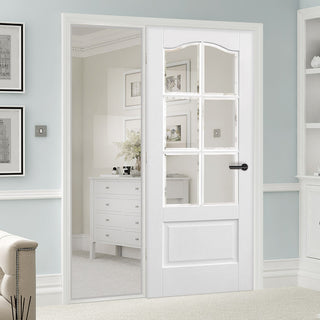 Image: ThruEasi White Room Divider - Kent 6 Pane Bevelled Clear Glass Primed Door with Full Glass Side