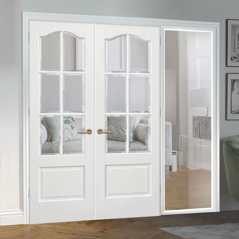 WhiteRoom Divider - Kent 6 Pane Bevelled Clear Glass Primed Door Pair with Full Glass Side