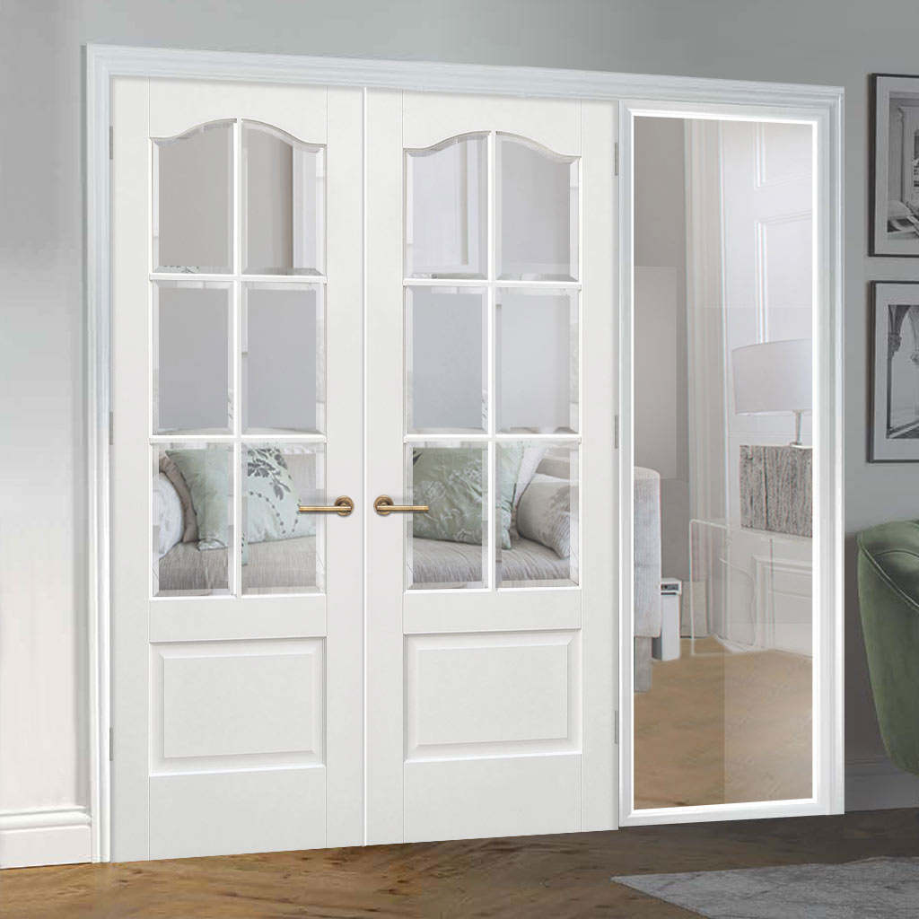 ThruEasi White Room Divider - Kent 6 Pane Bevelled Clear Glass Primed Door Pair with Full Glass Side