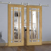 Sirius Tubular Stainless Steel Sliding Track & Kerry Oak Double Door - Bevelled Clear Glass - Unfinished
