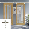 Saturn Tubular Stainless Steel Sliding Track & Kerry Oak Double Door - Bevelled Clear Glass - Unfinished