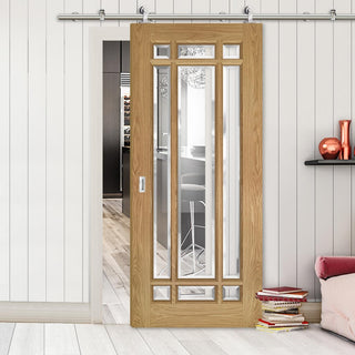 Image: Sirius Tubular Stainless Steel Sliding Track & Kerry Oak Door - Bevelled Clear Glass - Unfinished