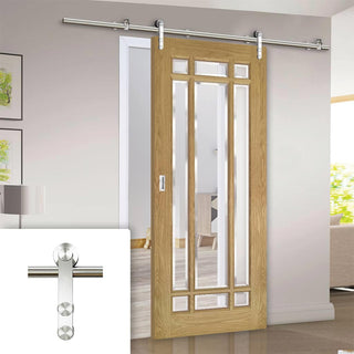 Image: Saturn Tubular Stainless Steel Sliding Track & Kerry Oak Door - Bevelled Clear Glass - Unfinished