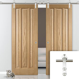 Image: Saturn Tubular Stainless Steel Sliding Track & Kilburn 3 Panel Oak Double Door - Unfinished