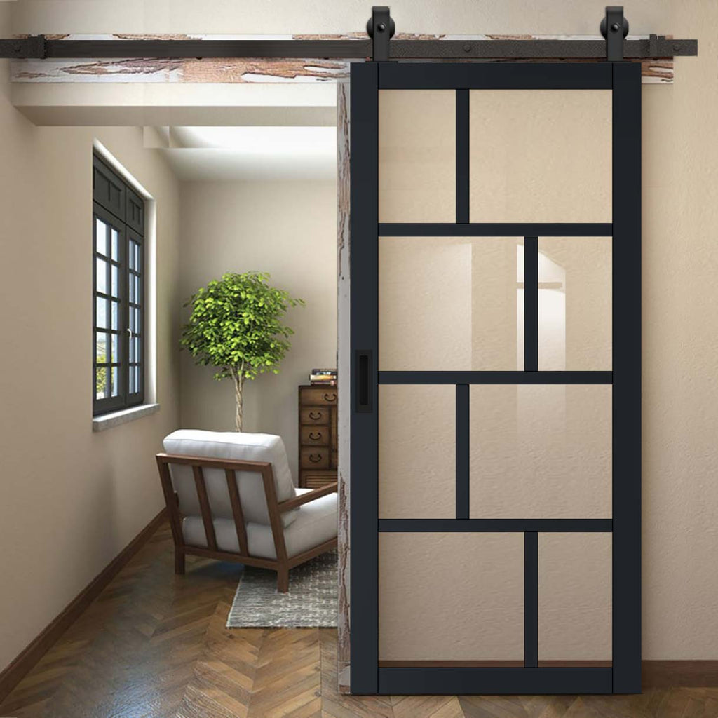 Top Mounted Black Sliding Track & Solid Wood Door - Eco-Urban® Kochi 8 Pane Solid Wood Door DD6415G Clear Glass - Shadow Black Premium Primed