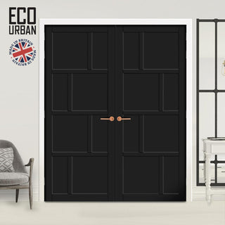 Image: Kochi 8 Panel Solid Wood Internal Door Pair UK Made DD6415 - Eco-Urban® Shadow Black Premium Primed