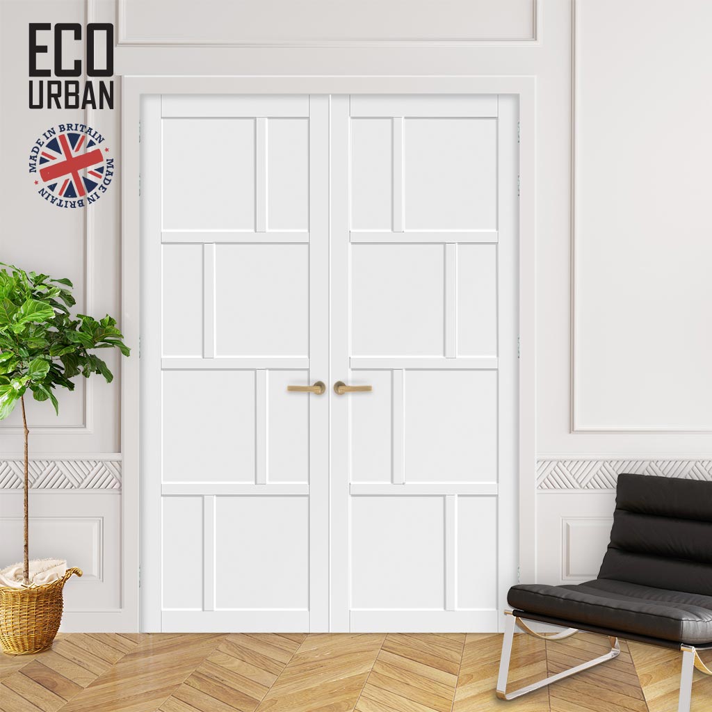 Kochi 8 Panel Solid Wood Internal Door Pair UK Made DD6415 - Eco-Urban® Cloud White Premium Primed