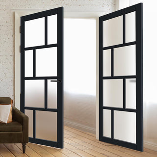 Image: Eco-Urban Kochi 8 Pane Solid Wood Internal Door Pair UK Made DD6415SG Frosted Glass - Eco-Urban® Shadow Black Premium Primed
