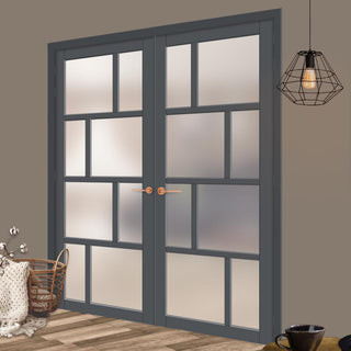 Image: Eco-Urban Kochi 8 Pane Solid Wood Internal Door Pair UK Made DD6415SG Frosted Glass - Eco-Urban® Stormy Grey Premium Primed