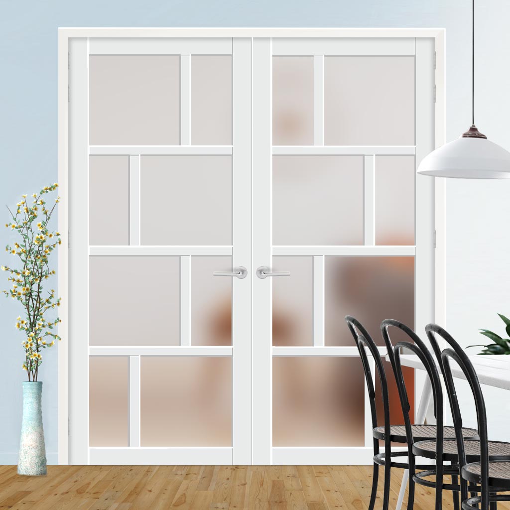 Eco-Urban Kochi 8 Pane Solid Wood Internal Door Pair UK Made DD6415SG Frosted Glass - Eco-Urban® Cloud White Premium Primed