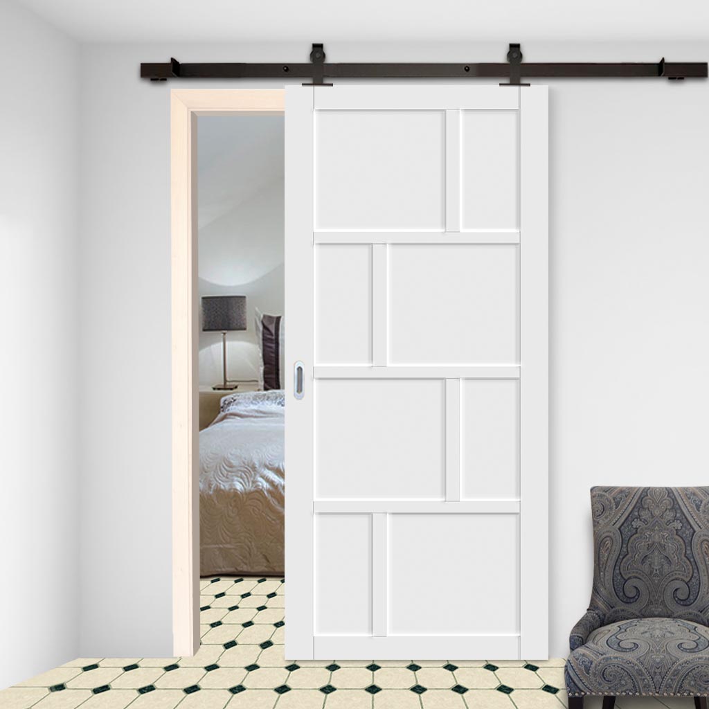 Top Mounted Black Sliding Track & Solid Wood Door - Eco-Urban® Kochi 8 Panel Solid Wood Door DD6415 - Cloud White Premium Primed