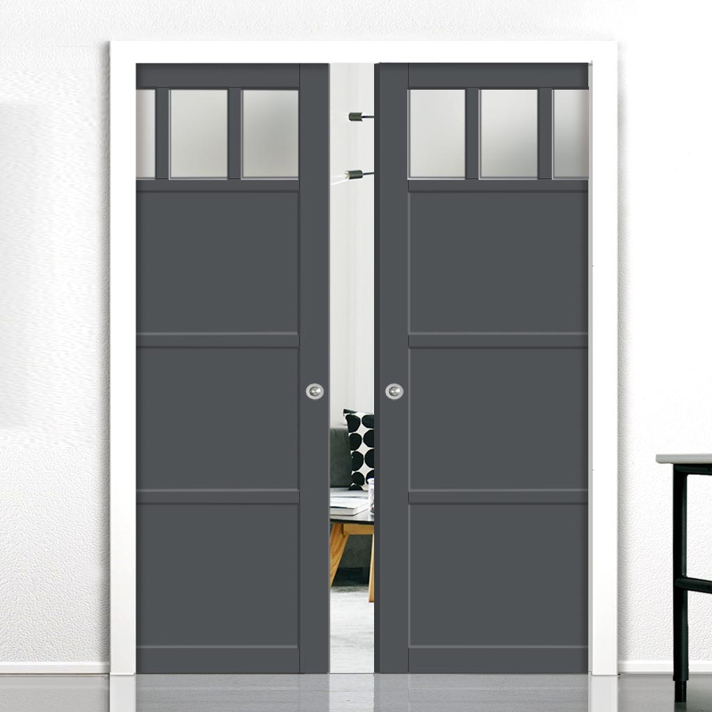 Handmade Eco-Urban® Lagos 3 Pane 3 Panel Double Evokit Pocket Door DD6427SG Frosted Glass - Colour & Size Options