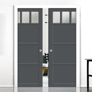 Image: Bespoke Handmade Eco-Urban® Lagos 3 Pane 3 Panel Double Evokit Pocket Door DD6427SG Frosted Glass - Colour Options