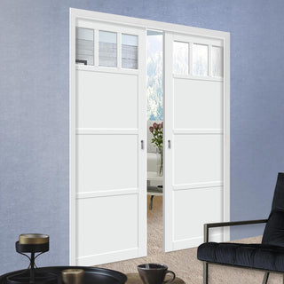 Image: Bespoke Handmade Eco-Urban® Lagos 3 Pane 3 Panel Double Evokit Pocket Door DD6427G Clear Glass - Colour Options
