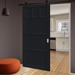 Image: Top Mounted Black Sliding Track & Solid Wood Door - Eco-Urban® Lagos 6 Panel Solid Wood Door DD6427 - Shadow Black Premium Primed