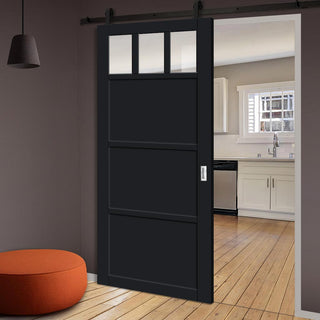 Image: Top Mounted Black Sliding Track & Solid Wood Door - Eco-Urban® Lagos 3 Pane 3 Panel Solid Wood Door DD6427G Clear Glass - Shadow Black Premium Primed