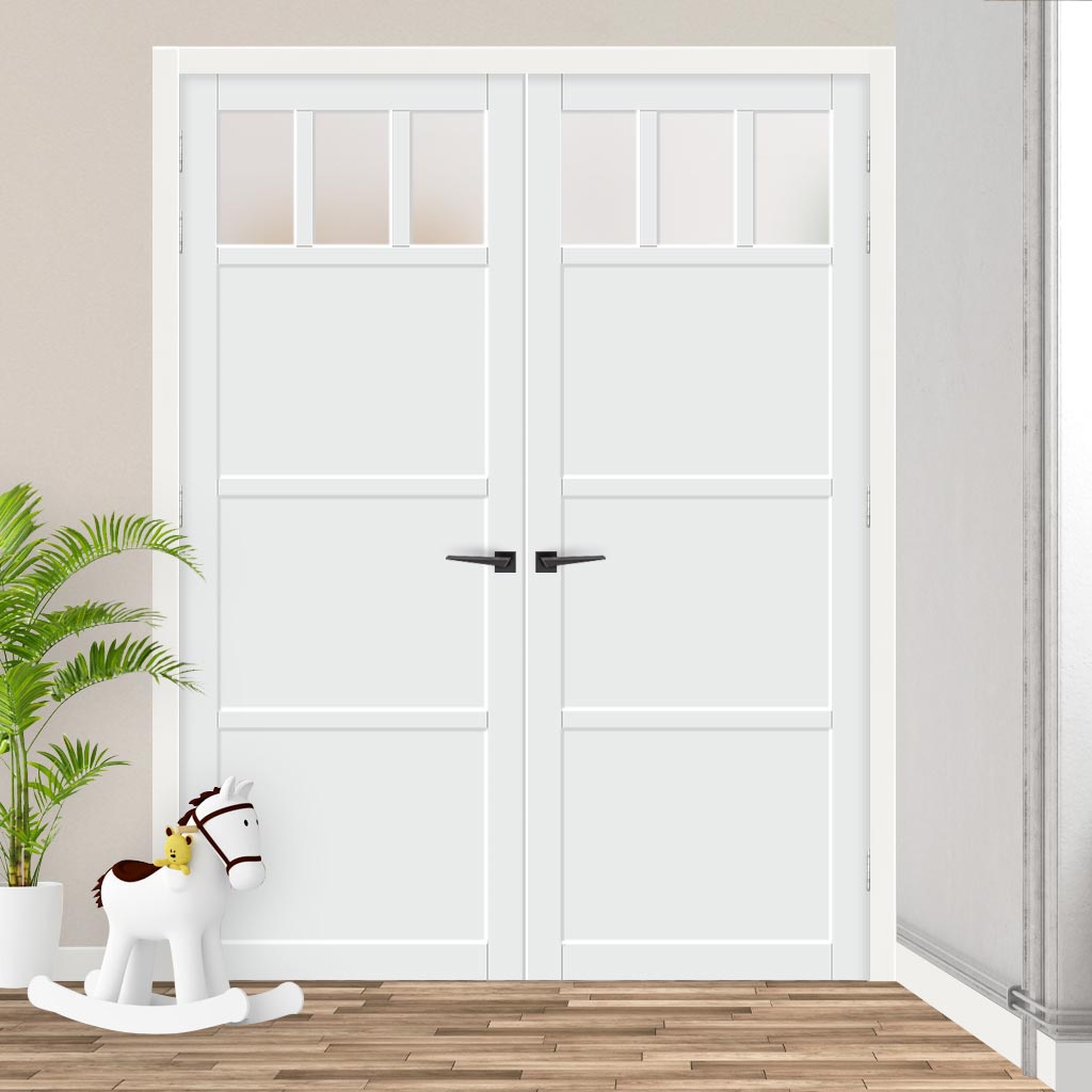 Eco-Urban Lagos 3 Pane 3 Panel Solid Wood Internal Door Pair UK Made DD6427SG Frosted Glass - Eco-Urban® Cloud White Premium Primed