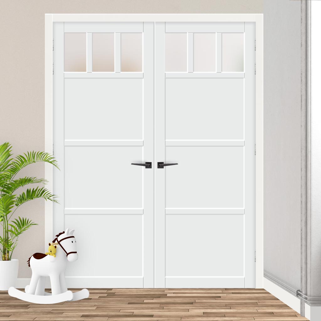 Eco-Urban Lagos 3 Pane 3 Panel Solid Wood Internal Door Pair UK Made DD6427SG Frosted Glass - Eco-Urban® Cloud White Premium Primed