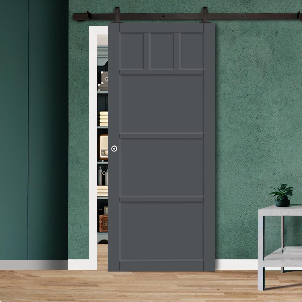 Top Mounted Black Sliding Track & Solid Wood Door - Eco-Urban® Lagos 6 Panel Solid Wood Door DD6427 - Stormy Grey Premium Primed