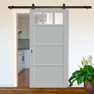 Image: Top Mounted Black Sliding Track & Solid Wood Door - Eco-Urban® Lagos 3 Pane 3 Panel Solid Wood Door DD6427G Clear Glass - Mist Grey Premium Primed