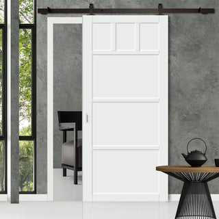 Image: Top Mounted Black Sliding Track & Solid Wood Door - Eco-Urban® Lagos 6 Panel Solid Wood Door DD6427 - Cloud White Premium Primed
