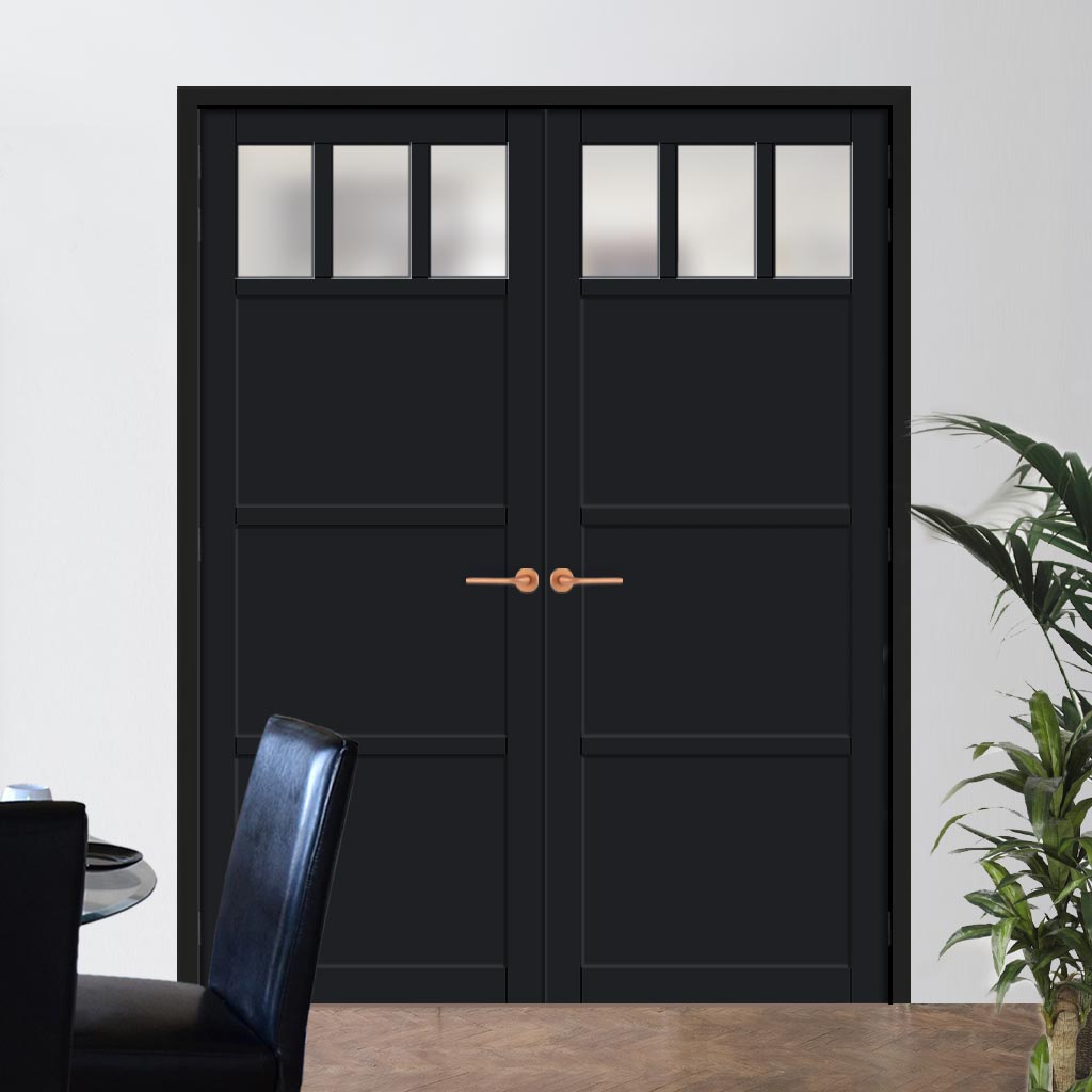 Eco-Urban Lagos 3 Pane 3 Panel Solid Wood Internal Door Pair UK Made DD6427SG Frosted Glass - Eco-Urban® Shadow Black Premium Primed
