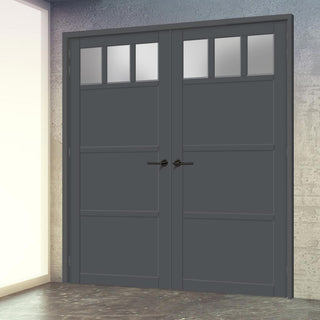 Image: Eco-Urban Lagos 3 Pane 3 Panel Solid Wood Internal Door Pair UK Made DD6427SG Frosted Glass - Eco-Urban® Stormy Grey Premium Primed