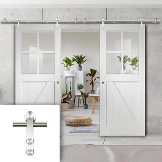 Image: Saturn Tubular Stainless Steel Sliding Track & Frame Ledged and Braced Cottage Double Door - Clear Glass - White Primed