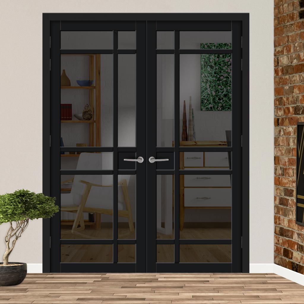 Leith 9 Pane Solid Wood Internal Door Pair UK Made DD6316 - Tinted Glass - Eco-Urban® Shadow Black Premium Primed