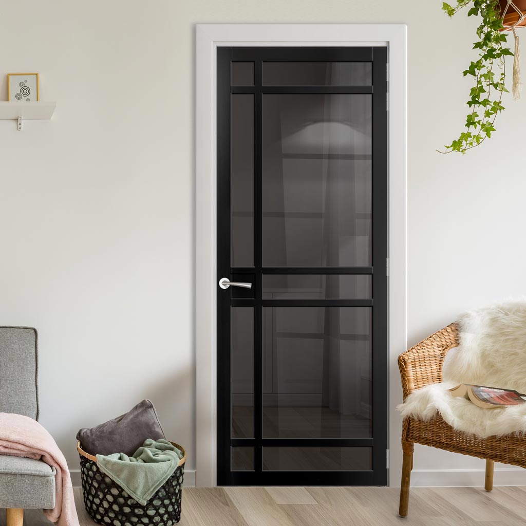 Leith 9 Pane Solid Wood Internal Door UK Made DD6316 - Tinted Glass - Eco-Urban® Shadow Black Premium Primed