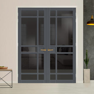 Image: Leith 9 Pane Solid Wood Internal Door Pair UK Made DD6316 - Tinted Glass - Eco-Urban® Stormy Grey Premium Primed