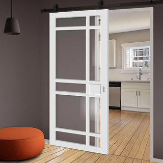 Image: Top Mounted Black Sliding Track & Solid Wood Door - Eco-Urban® Leith 9 Pane Solid Wood Door DD6316G - Clear Glass - Cloud White Premium Primed